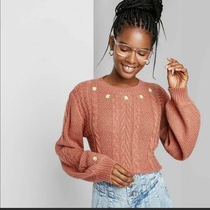 Wild Fable Floral Print Crewneck Embroidered Cropped Cable Knit Pullover Sweater